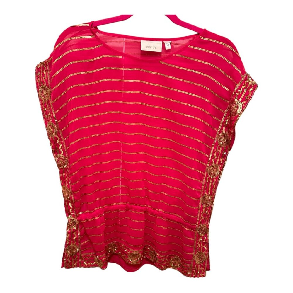 Chico's Fushia & Gold Sequin Embroidered Blouse
